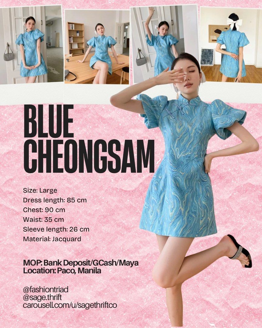 Blue Cheongsam Dress (Category: Dresses) located in Manila. Submitted by sagecuration (Listing ID 1354450233, Image 1). Description: RFS: does not fit Brand new with tag & packaging Quantity: 1 pc Size Dimensions on image posted Selling at cost MOP: Bank Deposit/GCash/Maya Location: Paco Manila.