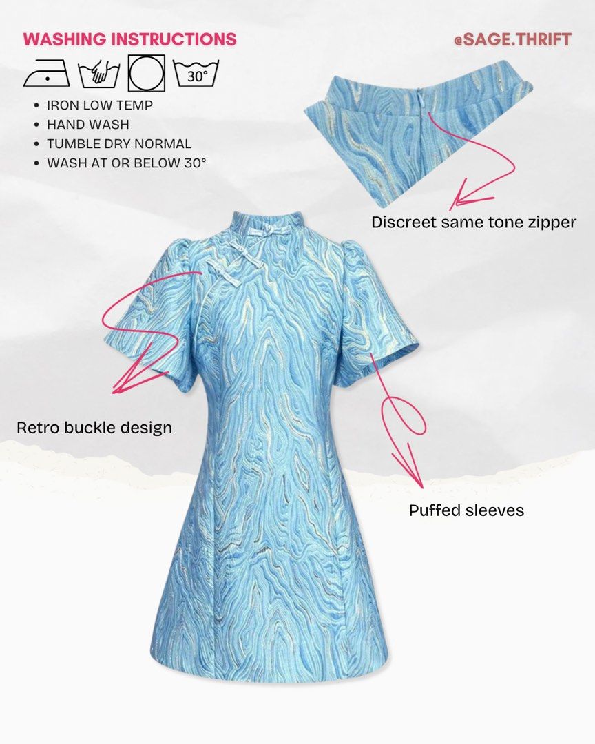 Blue Cheongsam Dress (Category: Dresses) located in Manila. Submitted by sagecuration (Listing ID 1354450233, Image 2). Description: RFS: does not fit Brand new with tag & packaging Quantity: 1 pc Size Dimensions on image posted Selling at cost MOP: Bank Deposit/GCash/Maya Location: Paco Manila.