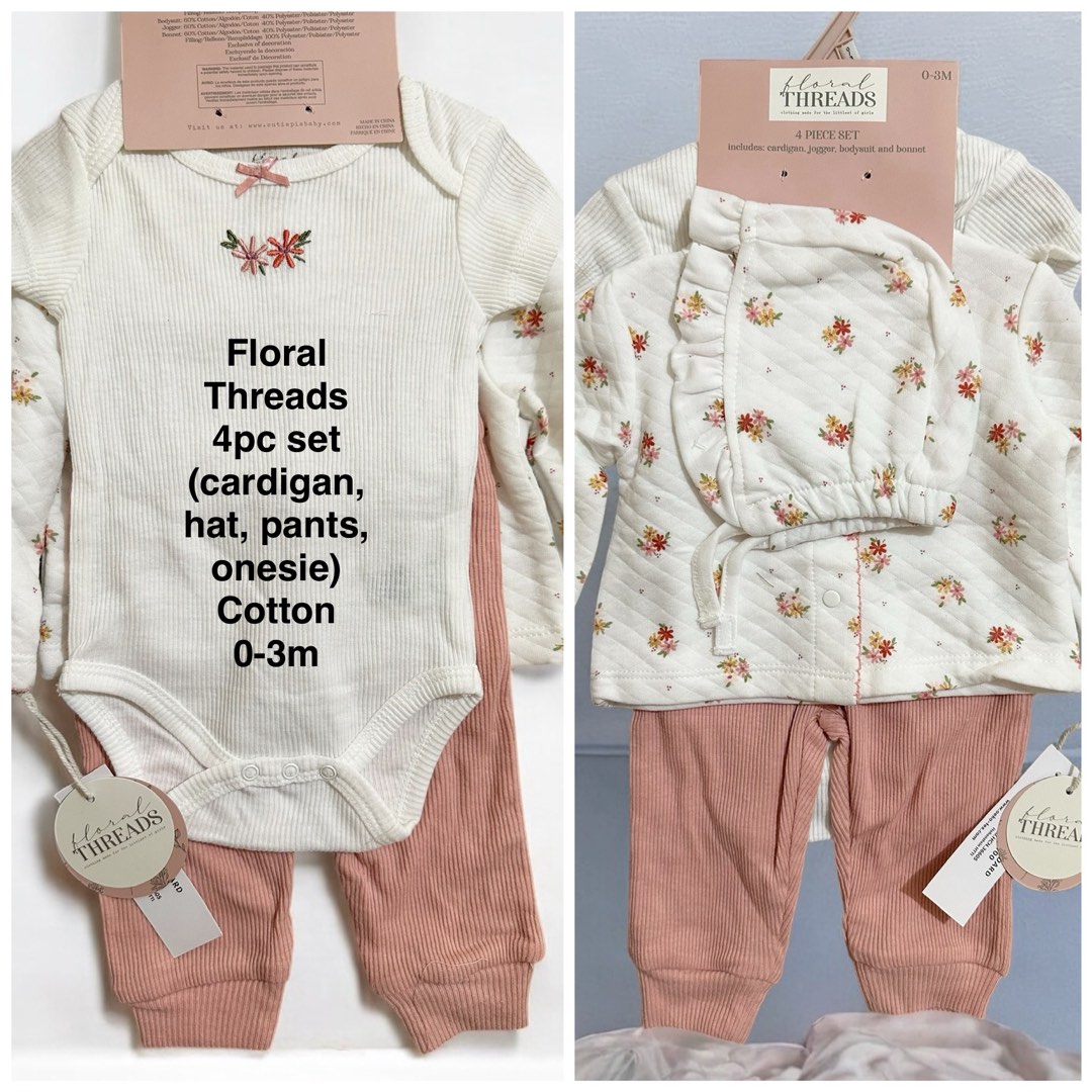 Floral threads 4pc set cardigan, hat, onesie, pants baby girl brand new ...