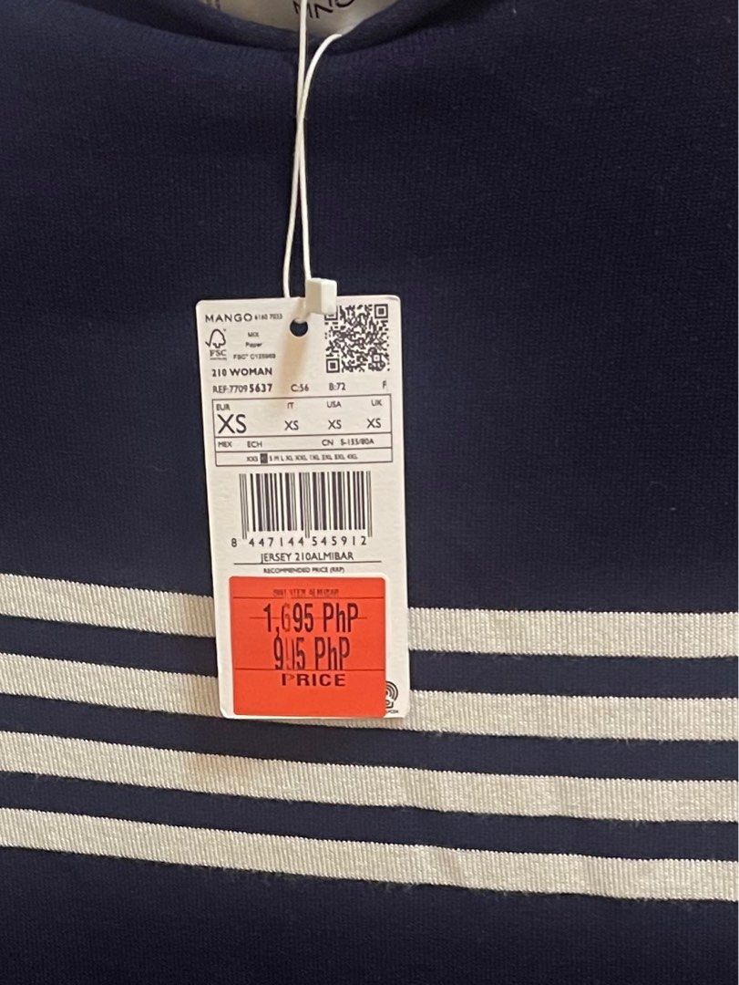 Mango Blue T-shirt, White Stripe, Navy Blue (Category: Shirts) located in Malabon City. Submitted by roch1212 (Listing ID 1352328008, Image 3). Description: ### Navy Blue T-Shirt from Mango for Sale - Condition: Used only once, like new - Original Price: ₱1,695 - Purchased Price: ₱995 - Selling Price: ₱500 (great bargain!) - Size: XS - Color: Blue - Reason for Selling: Too small for me - Brand: Mango *Grab this stylish Mango t-shirt at an amazing