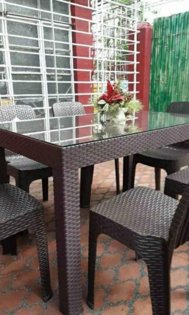 rattan table and chairs with glass (Category: Tables & Sets) located in Manila. Submitted by katttt214 (Listing ID 1354412098, Image 1). Description: rattan table and chairs with glass or without glass ✨ same day deliver ✨ retail/ wholesale on hand matibay plastic rattan free deliver most places 💞💞 mode of payment: cod / gcash.