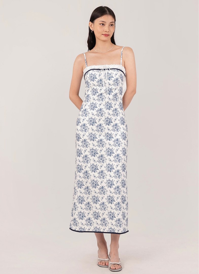 Azure Floral Print Mesh Sleeveless Midi Dress
