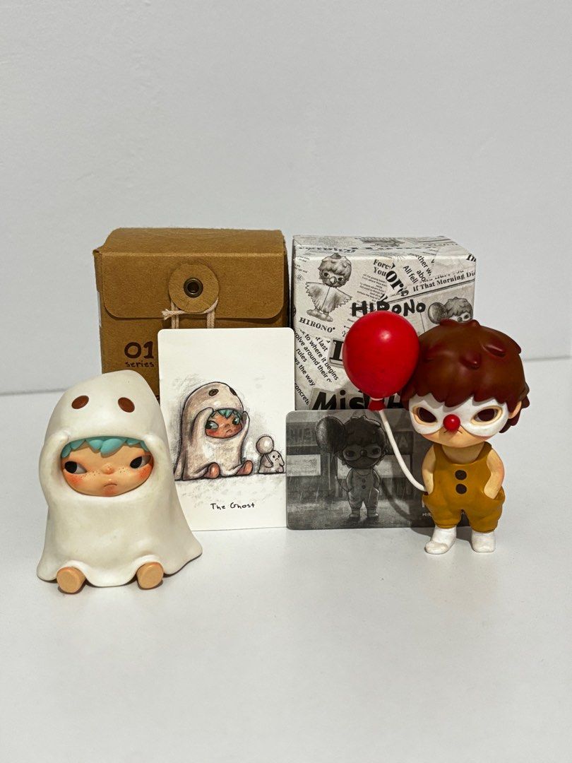 Hirono Ghost Set (Category: Designer & Blind Box Toys) located in Manila. Submitted by spacepigchicken (Listing ID 1354707274, Image 1). Description: wts ufs helping a friend LM Persona & TOO Ghost Sold as set: ₱1,400 • mint condition (both displayed only) • no little ghost • with box, card, foil mop: gcash mod: lalamove / j&t 📍parañaque / taft.