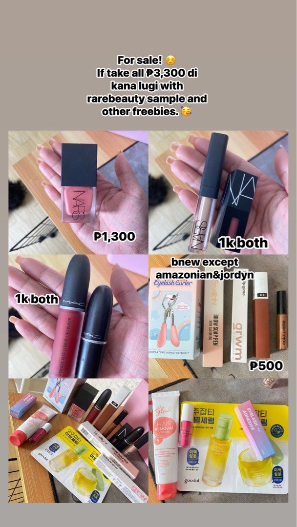 Make up bundle (nars,mac,maybelline,etc (Category: Makeup) located in Manila. Submitted by declutterwithpeanut (Listing ID 1354718201, Image 1). Description: Nars orgsm di ko matancha mukang puno pa Nars powermatte in american woman Nars custard Mac ruby woo Mac lippy Maybelline amazonian Colourette jordyn Elyzza curler Grwm lipglaze ponkan Spotlight eyebrow Korean skincare Rarebeauty lucky sample Elyzza lash glue Hello glow hair removal.