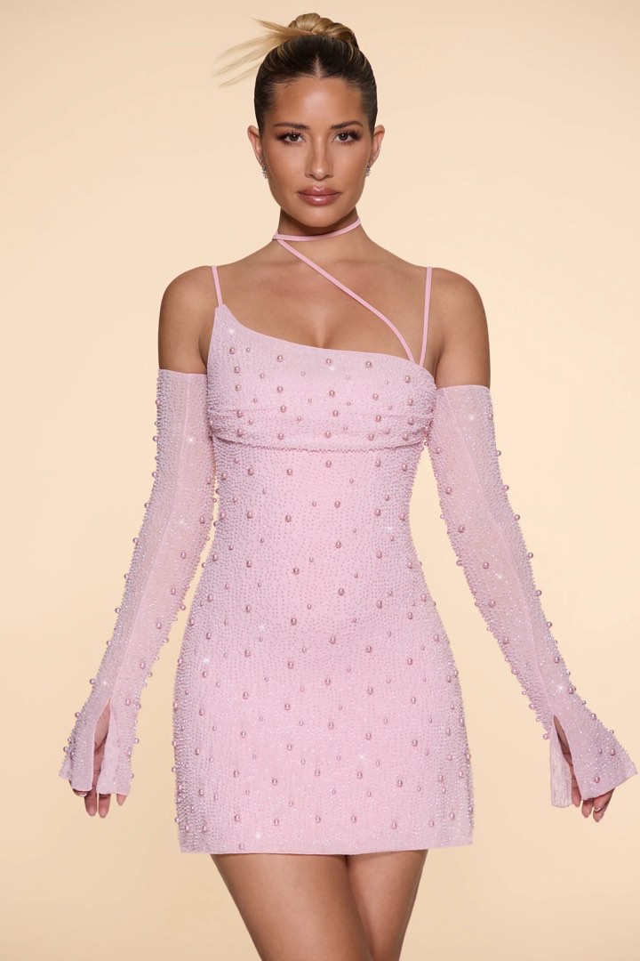 Oh Polly SOHO Embellished Asymmetric Corset Mini Dress in Blush, Women's Fashion, Clothes on Carousell