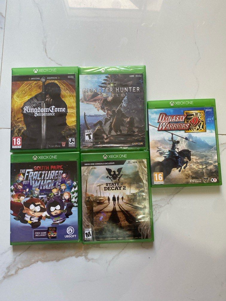 Original XBOX ONE Various Games : 250 each (Category: Xbox) located in Subic. Submitted by yeoteehuat24 (Listing ID 1354555816, Image 2). Description: Complete set -South Park, Fractured But Whole -State of Decay 2 - SOLD -Monster Hunter World (Brand New and sealed): 500 -Dynasty Warriors -SOLD -Kingdom Dome , Deliverance -SOLD .