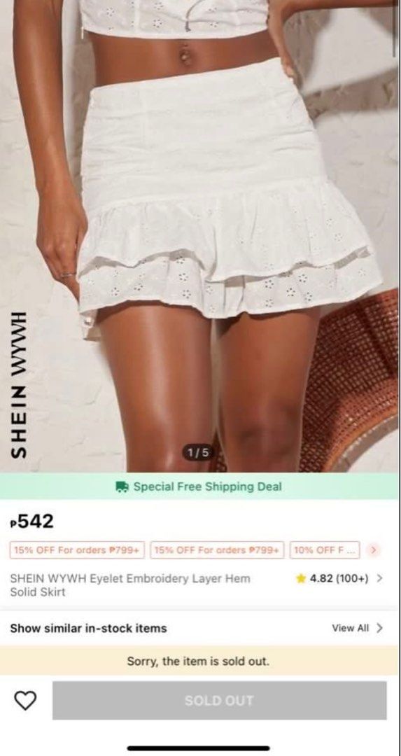 Shein Eyelet White Ruffle Layer Tiered Mini Skirt (Category: Skirts) located in Cebu City. Submitted by declairetter (Listing ID 1354684457, Image 1). Description: Only used once. Bought from a carouseller but she never used it. Like new! Sold out na sa shein Best fit XS-S.