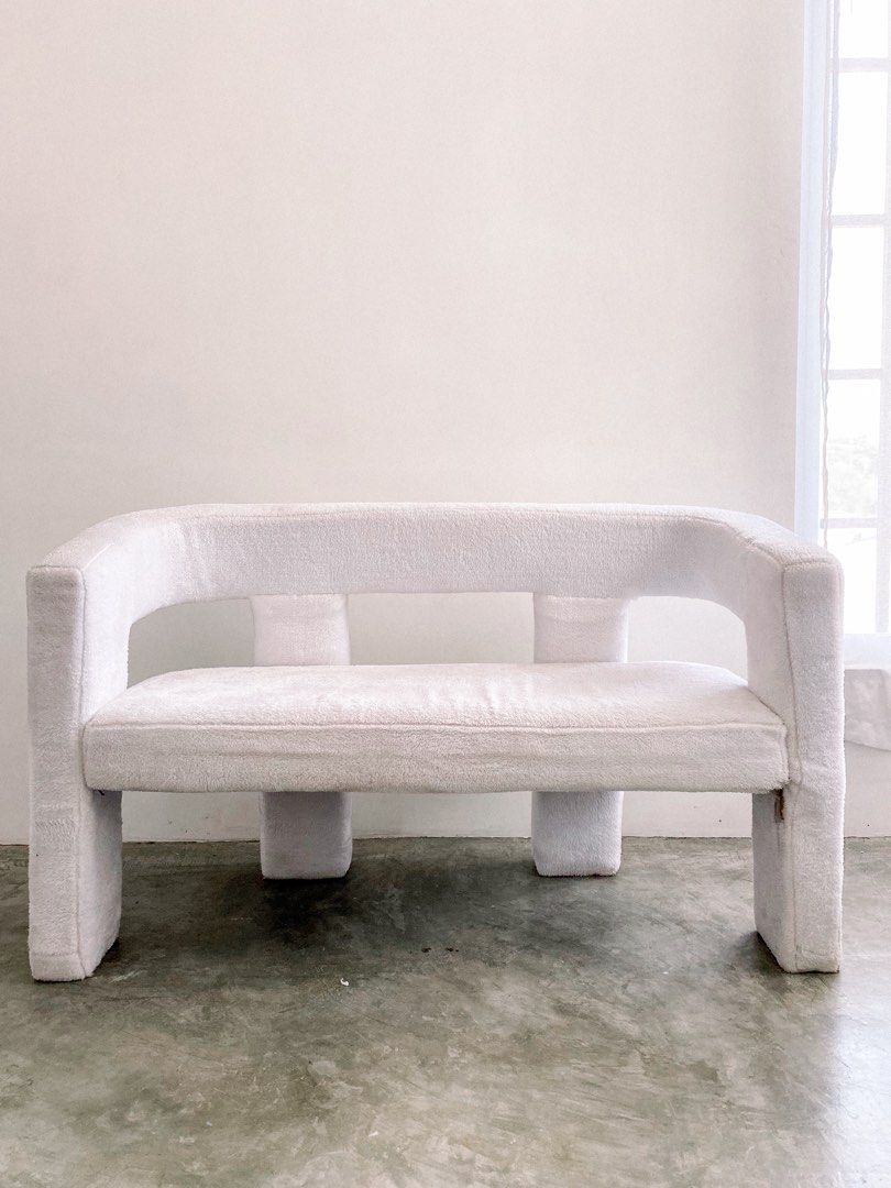 White fur scandi couch, accent couch sofa (Category: Sofas) located in Quezon City. Submitted by zanglicious (Listing ID 1354671134, Image 1). Description: white furry scandi couch ₱4500 2 seaters used sa photoshoot lang din had it custom made for ₱15000 needs cleaning para maging very white sya white scandi couch size: arm to arm 50” seat only 45”x17” L 30” W 21”.