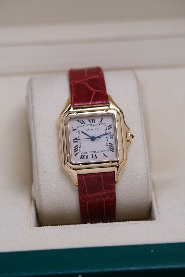 Cartier Panthere Medium YG (Category: Luxury Watches) located in Quezon City. Submitted by awristotell (Listing ID 1354844658, Image 2). Description: “New WRISTwatch to TELL” Cartier Panthere Medium YG Mint Like New Price: 398,000 PHP Ref: 8839 Year: 2000’s Movement: Quartz Crystal: Sapphire Case: 37x27mm Material: 18k Yellow Gold Lug width: 16mm Bracelet: Cartier Leather Strap/ Cartier 18k YG Buckle Includes: Cartier Service Pouch with Cartier S