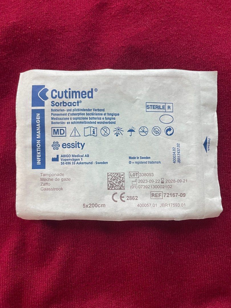 Cutimed Sorbact (Category: Medical Supplies & Tools) located in Quezon City. Submitted by phammy (Listing ID 1354799893, Image 1). Description: Indications: Cutimed Sorbact Tamponade is suitable for the treatment of clean, contaminated, colonized or infected exuding wounds such as e.g. Surgical wounds, traumatic wounds, pressure ulcers, diabetic foot ulcers and leg ulcers. It can be used on superficial and deep wounds, such as cavity wounds and f
