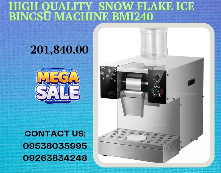 HIGH QUALITY Snow Flake Ice Bingsu Machine BMI240 (Category: Industrial Equipment) located in Caloocan City. Submitted by 09945233960 (Listing ID 1354768711, Image 1). Description: Rated output 240KG/24H Voltage 220V50HZ1P Power 1600W Cooling way Air cooling Machine size 350*640*480mm Packing size 0.17CBM G.W. 52KG .