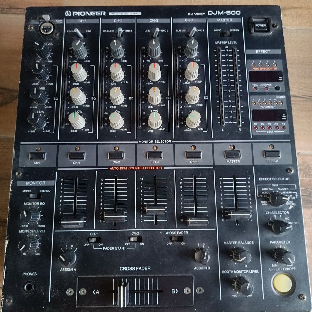 Pioneer DJM-500 (Category: Other Audio Equipment) located in Calasiao. Submitted by anthonypeter (Listing ID 1354796679, Image 3). Description: DJM-500 The Pioneer DJ DJM-500 is a professional 4-channel DJ mixer with built-in effects such as Reverb, Dub Echo, Filter, and Delay. It has Analog RCA/Coaxial In and Out ports, as well as XLR In and Out. Made in Japan, it offers a maximum sampling rate of 16 Bit (44.1 kHz) and is designed for DJs lookin