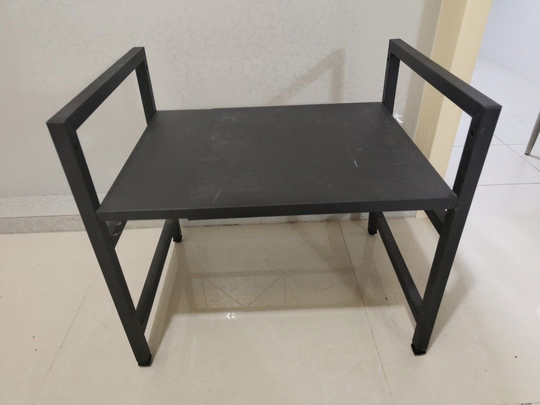 Rack adjustable width (Category: Shelves, Cabinets & Racks) located in Singapore. Submitted by hellocrs (Listing ID 1354836066, Image 1). Description: Shelving rack for kitchen to put microwave or oven at bottom and others on top, to save space. Width is adjustable to fit size of different electrical home appliances Made of metal. Almost brand new. Not used before..