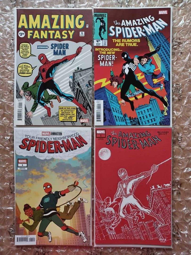 Spider-man First Appeance comic books For SALE Key Issues (Category: Comics & Manga) located in Imus. Submitted by mnxtoyhouse (Listing ID 1354906186, Image 1). Description: For SALE Spidey's 1st appearances. One of these is my own cover art/drawing. TOP LEFT: Amazing Fantasy #15 reprint P2.5K TOP RIGHT:Amazing Spider-man #252 reprint P800 BOTT LEFT: Your Friendly Neighborhood Spider-man #1 (reserved) BOTT RIGHT: Amazing Spider-man Bloodhunt #1 R