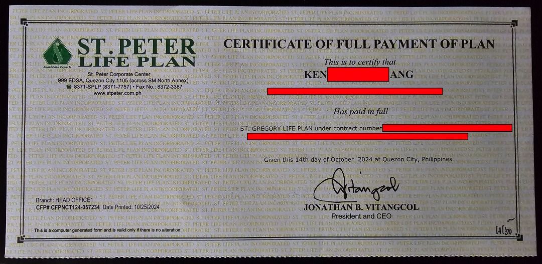 ST. PETER LIFE PLAN (GREGORY): FULLY PAID (Category: Memorial Lot) located in Caloocan City. Submitted by ken__ang (Listing ID 1322375762, Image 1). Description: ST. PETER LIFE PLAN (GREGORY): FULLY PAID PHP 50,000 [FIXED PRICE] 📌 FULLY PAID 📌 TRANSFER READY 📌 TRANSFER FEE INCLUDED *********************************************** ✅️ TOTAL INSTALLMENT AMOUNT PAID (60 months): 900 monthly X 60 months (5 years) = 54,000 SELLING FOR: PHP 50,000 [FI