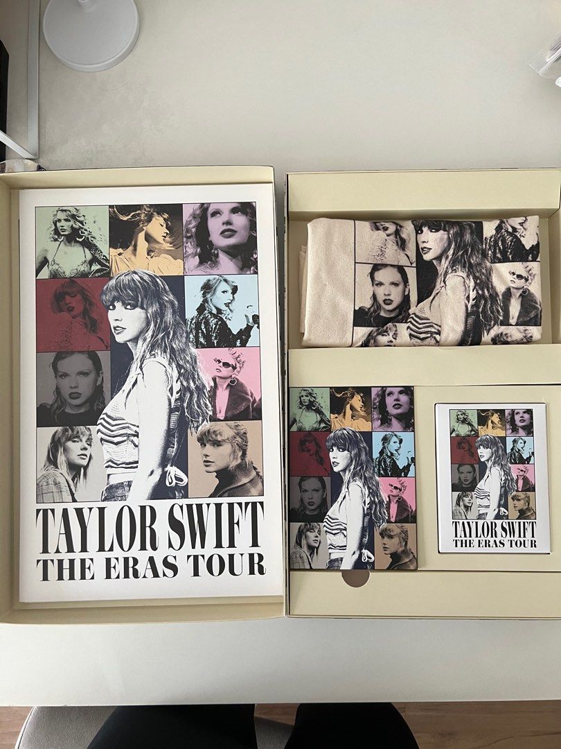 [NEGOTIABLE] Complete Taylor Swift VIP Merch Box (Category: Western Merchandise) located in Taguig. Submitted by making.room (Listing ID 1354778332, Image 3). Description: Everything is unused. Only opened to check its contents RFS: Extra set Negotiable Payment via BPI / GCash Inclusions: - Special Set of Four (4) Taylor Swift Prints - The Eras Tour VIP Tote Bag - Collectible Taylor Swift Pin, Sticker & Postcard Set - Special VIP Tour Laminate an