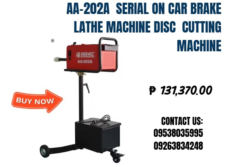 AA-202A Serial on Car Brake Lathe Machine Disc Cutting Machine (Category: Everything Else Others) located in Caloocan City. Submitted by acergollem65014 (Listing ID 1354973047, Image 1). Description: Working height min / max: 0.78/1.2m (AA-202A) Working height min / max: 0.4/0.7m (AA-202B) Drive speed: 150 rpm motor power: 450/750W Electrical specifications: 220V / 110V; 50HZ/60HZ Ambient temperature range: -30℃-60℃ Max diameter of brake disc:400