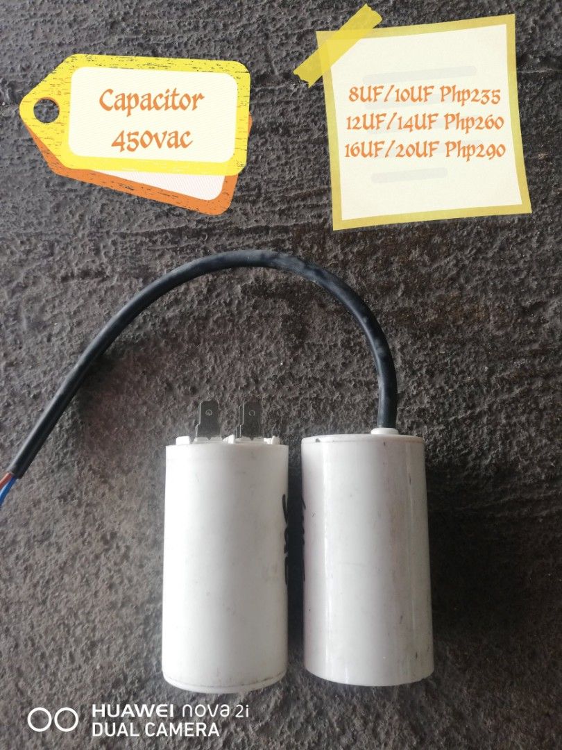 Capacitor 450VAC (Category: Electrical, Adaptors & Sockets) located in Iloilo. Submitted by pinspirewitha (Listing ID 1354936141, Image 1). Description: Wire/terminal type: 8uf, 10uf, 12uf Wire type: 16uf, 20uf Ship via j&t. We ship when paid. MOP: gcash, bdo, bpi..