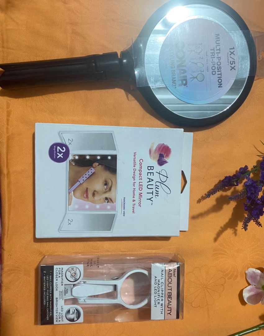 CONAIR AND PLUM MAKE UP MIRROR BUNDLE (Category: Makeup) located in Imus. Submitted by mmplaza72322431 (Listing ID 1355029019, Image 1). Description: BEAUTY BUNDLE MIRROR BUY 2 TAKE 2 FREE 1. CONAIR MULTI TRIPOD 1x /5x 2. PLUM COMPACT LED MIRROR WITH FREE BATTERY 3. FREE NAIL CLIPPER WITH MAGNIFIER AND LIGHT 4. FREE LISA FRANK SPRUNCHIE.
