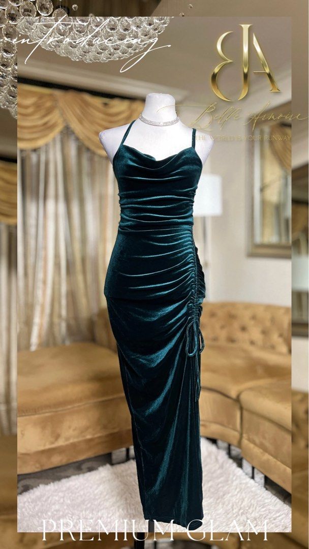 Urbann-Vibe Velvet Gown With Italian Print Side Slit Lantern Sleeves Timeless Glamour For Women