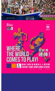 A vibrant pink ticket features two rugby players in action, with text promoting the Hong Kong Sevens 50th anniversary tournament at Kai Tak Stadium and colorful branding elements.