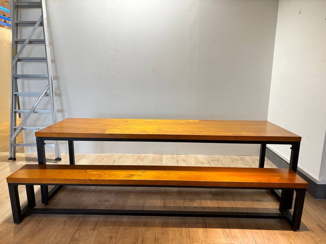 table + bench set (Category: Tables & Sets) located in Singapore. Submitted by hehehehxd (Listing ID 1354937705, Image 2). Description: dimensions 79 x250 x 76 (table) 79 x 250 x 46 (chair) table $80 both for $120.