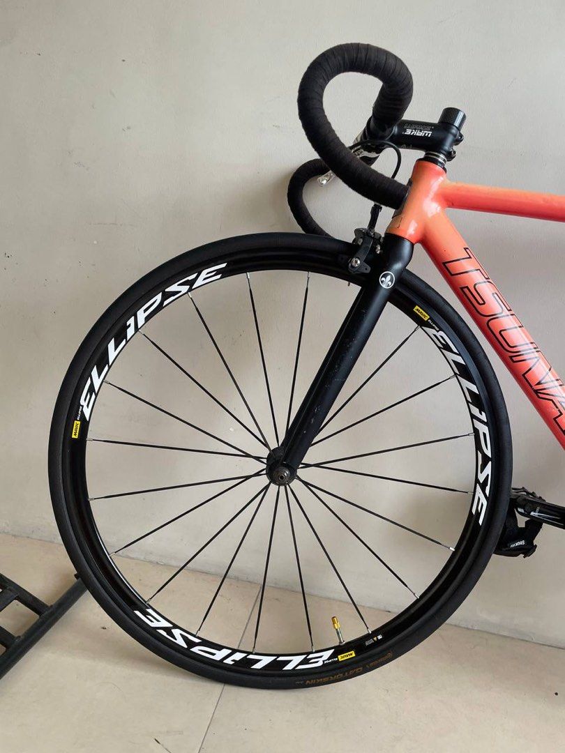Tsunami Fixie (Racing Bike) (Category: Bicycles) located in Pasig City. Submitted by nysabelleee (Listing ID 1354951399, Image 3). Description: ⚠️PLEASE READ⚠️ Tsunami Fixie Racing Bike ⁃ Tsunami Pioneer Size 52 w/ Badge ⁃ Tsunami HS, Mountain Peak SC ⁃ The Project Fork 7.5 Steerer Tube ⁃ The Project Drop Bar Size 40 w/ Bartape ⁃ Wake Stem 90mm +17 ⁃ stock seatpost 27.2 ⁃ Fabric Saddle ⁃ Sram Omnium Crankset ⁃ Izumi Jet Black w/ Gold Pin Chain ⁃ 