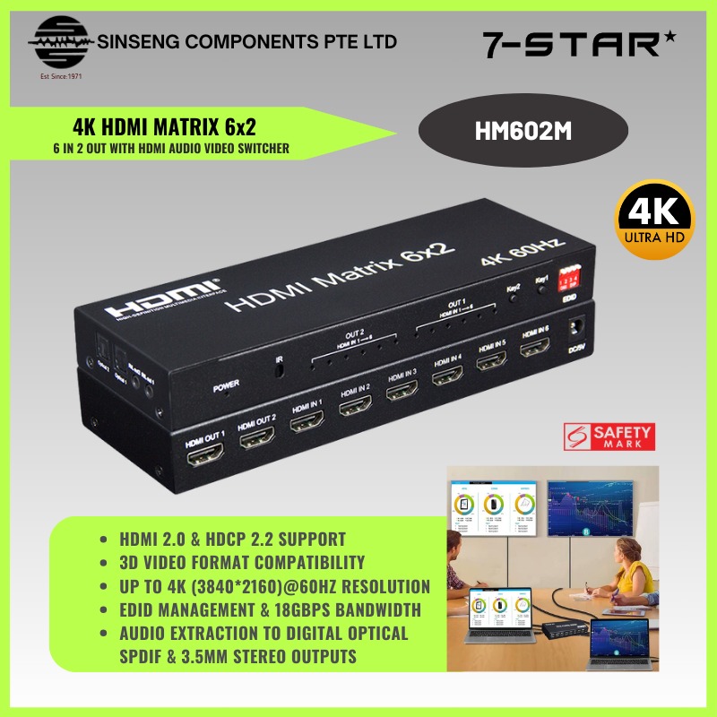 7-STAR* 4K 6x2 HDMI 2.0 Matrix Switch Splitter Supports 4K@60Hz 18Gbps ...