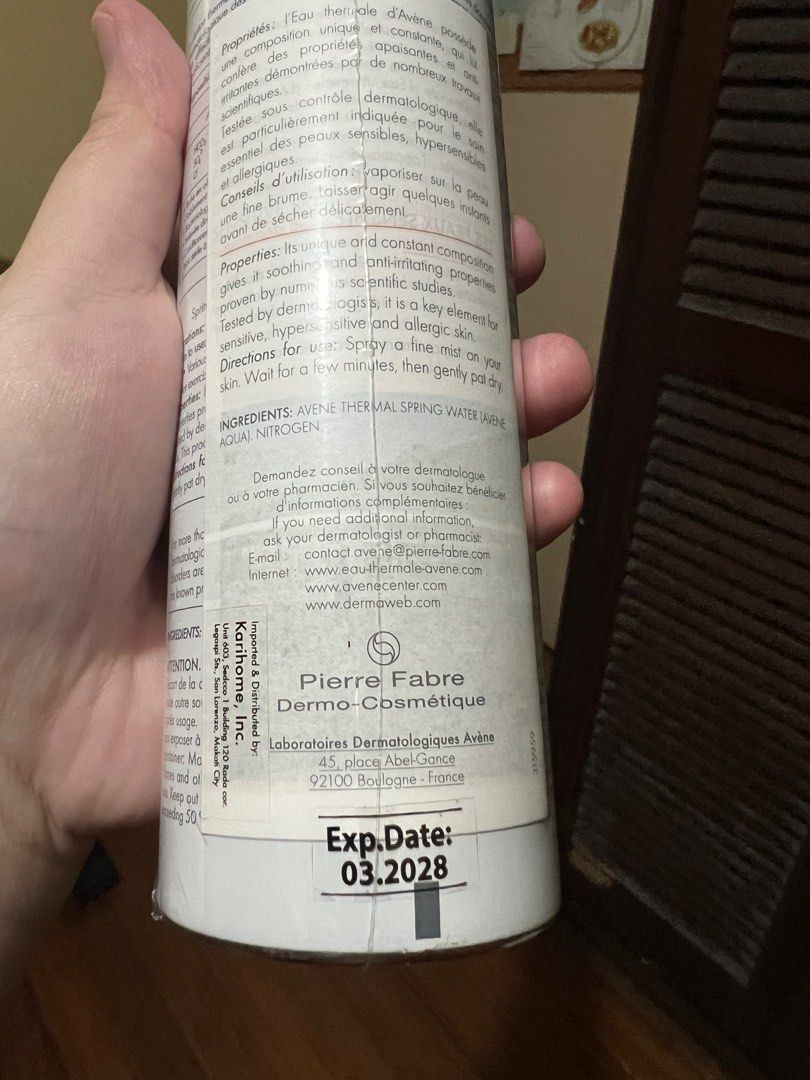 Avene - Spring water (300ml) (Category: Face Care) located in Las Pinas. Submitted by trueflower_125fe9 (Listing ID 1355178808, Image 3). Description: 🍓RFS: Decluttering as I’m going overseas 🍓Expiry date: 2028 🍓Mall price: 1,700.
