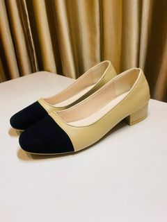 Beige Two Tone Cap Toe Block Heel Low Heel Square Toe School Office Jimmy Choo Chanel Shoes Heels