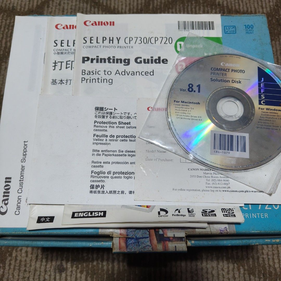 Canon Selphy CP720 (Category: Printers, Scanners & Copiers) located in Taguig. Submitted by sakiyasa (Listing ID 1355253052, Image 3). Description: Never been used. But there is a stuck cartridge during checking. Complete accessories with their plastic packagings..