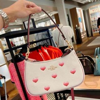 Coach CA251 Teri Shoulder Bag in Chalk Refined Pebble Leather with Stripe Heart Print with Sling - Ladies Bag