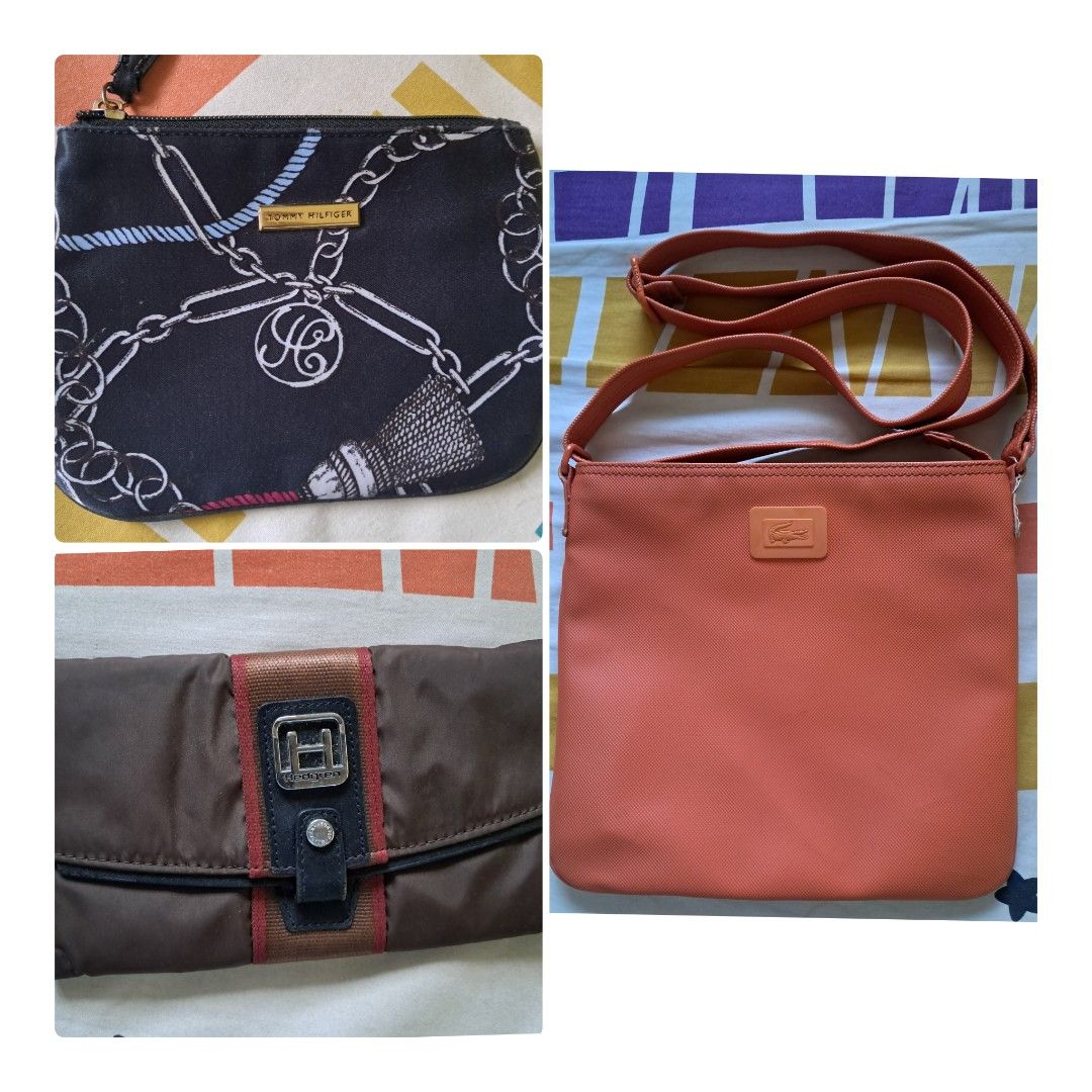 Lactose Sling, Hedgren Wallet &Tommy Purse (Category: Purses & Pouches) located in Quezon City. Submitted by lelenrev (Listing ID 1355106000, Image 1). Description: Original Lacoste Sling Bag the only flaws are in the piping inside the bag. Hedgren Wallet still in good condition, crumpled due to storage. Tommy Hilfiger Wallet/Pouch flaw is the zipper handle. selling as a lot for P2500.00.