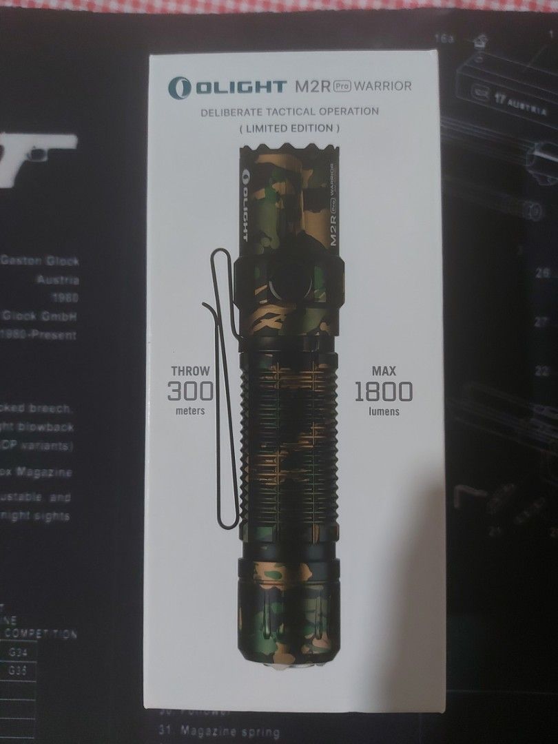 Olight M2r Pro Warrior Limted Edition (Category: Construction Tools & Equipment) located in Pasig City. Submitted by mick650 (Listing ID 1355234715, Image 1). Description: DESCRIPTION LIMITED EDITION The M2R Pro Warrior is the newest version of OLIGHT two-button straight tactical flashlight. It features a single 5000mAh 21700 rechargeable lithium battery and TIR lens for uniform light. The maximum output and distance reaching 1800 lumens and 300 