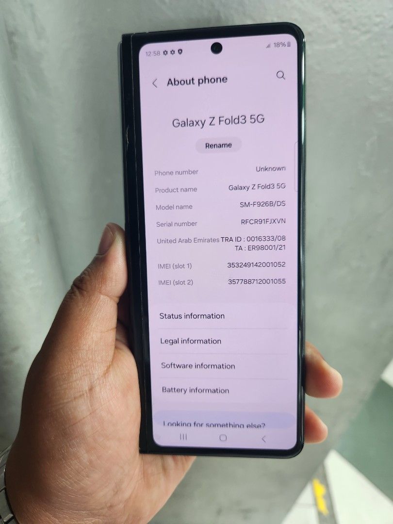 Samsung Galaxy Z Fold3 5G (Category: Samsung) located in Manila. Submitted by lucky.charm.gadgets (Listing ID 1355251648, Image 2). Description: Samsung Galaxy Z Fold3 5G 12gb/256gb ALL GOODS AT WORKING NO REPAIR HISTORY NO HIDDEN ISSUE Pede pang personal use PAKIBASA NALANG PO SA NAKALAGAY SA NOTE NOTE*MAY PARANG CRACK LOWER PART MAY ISA PA AKONG BINILUGAN PARANG YUPE. SCRATCHES NA DIN DAHIL SA HARDCASE AT SA MAIN LCD MAY DARKSPOT. TEST TO SAWA 