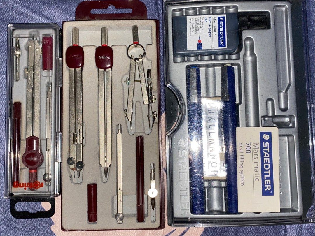 Staedtler Technical Pen and Rotring Compass Set (Category: Stationery & School Supplies) located in Manila. Submitted by cine.p (Listing ID 1355111802, Image 1). Description: - used for one sem only - can sell separately (shipping shouldered by buyer) > Steadtler Set (ink, 0.3, 0.6) = ₱700 - haven't used & cleaned for a while - 0.3 (clogged, needs cleaning but no damage sa tip) ₱200 - 0.6 (working) ₱400 > Rotring Set (w/ 1 compass) = ₱350 > Rotri