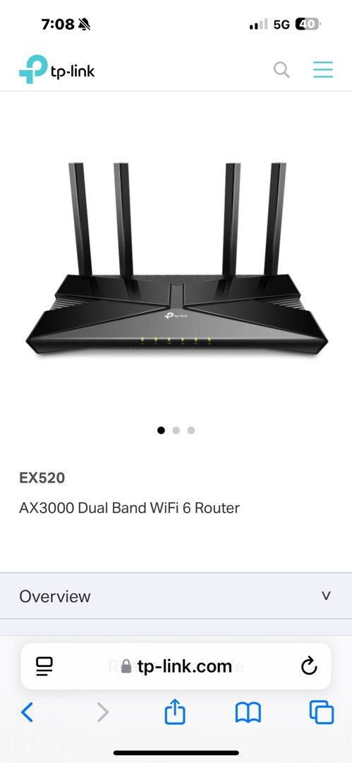 TP link router E520 (Category: Networking) located in Singapore. Submitted by cosmicbird_34f30d (Listing ID 1355207708, Image 1). Description: Selling the to-link router as stated with 3 years warranty starting from 23 Feb 2025. Price slightly negotiable. Specifications: https://www.tp-link.com/sg/service-provider/wifi-router/ex520/.