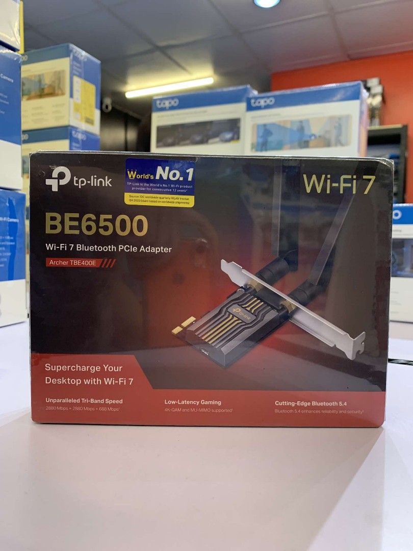 TP-Link Archer TBE400E BE6500 WiFi 7 & Bluetooth PCIe Adapter (Category: Networking) located in Makati City. Submitted by slaccessoriesshop (Listing ID 1355175669, Image 1). Description: TP-Link Archer TBE400E BE6500 WiFi 7 & Bluetooth PCIe Adapter 💥 ELECTRONICS, COMPUTER ACCESSORIES AND APPLIANCES 💥 All Items - Original / Brand New / Sealed We issue SALES INVOICE With WARRANTY RECEIPT With TECHNICAL SUPPORT Accepting BULK ORDERS We are OPEN EV