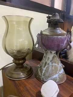 Vintage oil lamp (10.5 inches) with some flaws  and electric lamp with flaw on glass cover (9.5)