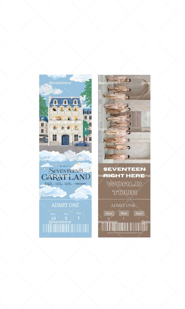 Carat Made Seventeen Tickets (Category: Events Tickets) located in Pasay City. Submitted by marielirene (Listing ID 1355395718, Image 1). Description: Personally designed these Seventeen inspired Carat Land and Concert tickets - open for Pre-Order! 💎 The minimum order is 3 pcs 💎 Turnaround time after payment is around 3-5 working days Open for custom design/s as well ☺️.