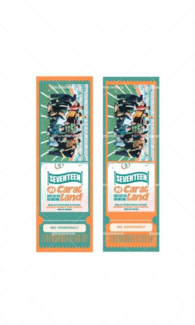 Carat Made Seventeen Tickets (Category: Events Tickets) located in Pasay City. Submitted by marielirene (Listing ID 1355395895, Image 1). Description: Personally designed these Seventeen inspired Carat Land tickets - open for Pre-Order! Please choose either 1st or 2nd photo 💎 The minimum order is 3 pcs 💎 Turnaround time after payment is around 3-5 working days Open for custom design/s as well ☺️.