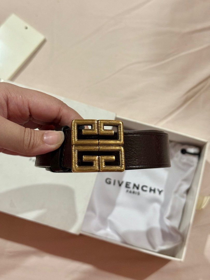 Givenchy Logo Belt (Category: Luxury Accessories) located in Quezon City. Submitted by millennialdeclutterer (Listing ID 1355428062, Image 3). Description: 100% authentic Givenchy Logo Belt in ghw, color dark brown fits waistline 26-32 (can still be adjusted just add an additional hole) bought at Givenchy Shangrila for P31,500. Has signs of usage & minimal scratches. Condition: 7/10.