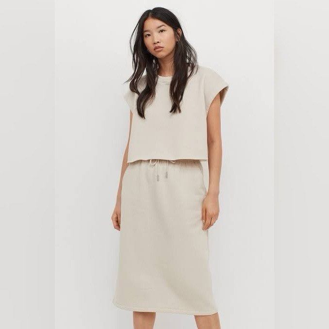 HRG NETT h&m beige drawstring midi pencil skirt rok serut basic polos  cotton fleece sweatpants jogger stretch melar l xl xxl big plus size jumbo  36 38