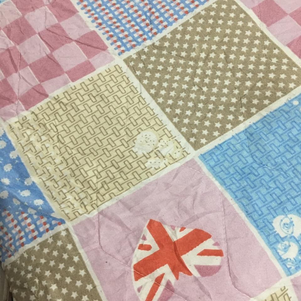 Printed Patchwork Comforter (Category: Bedding & Towels) located in Taguig. Submitted by cabinetnimaeri (Listing ID 1355433311, Image 1). Description: Printed Patchwork Comforter Size: Double Colors: Blue, Pink, Brown.