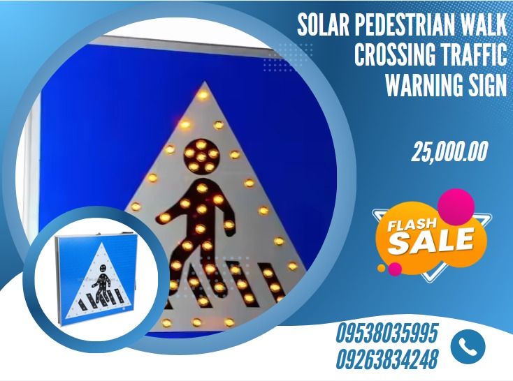 Solar Pedestrian Walk Crossing Traffic Warning Sign (Category: Everything Else Others) located in Caloocan City. Submitted by 09945233960 (Listing ID 1355304429, Image 1). Description: Solar panel: 12V / 8W monocrystalline silicon, service life > 15 years Size: 800*800*65MM Battery: 11.1V/6.6AH high temperature resistant polymer lithium battery, with a service life of 5 years LED: super bright LED light with condenser, visual distance > 1000M Ref