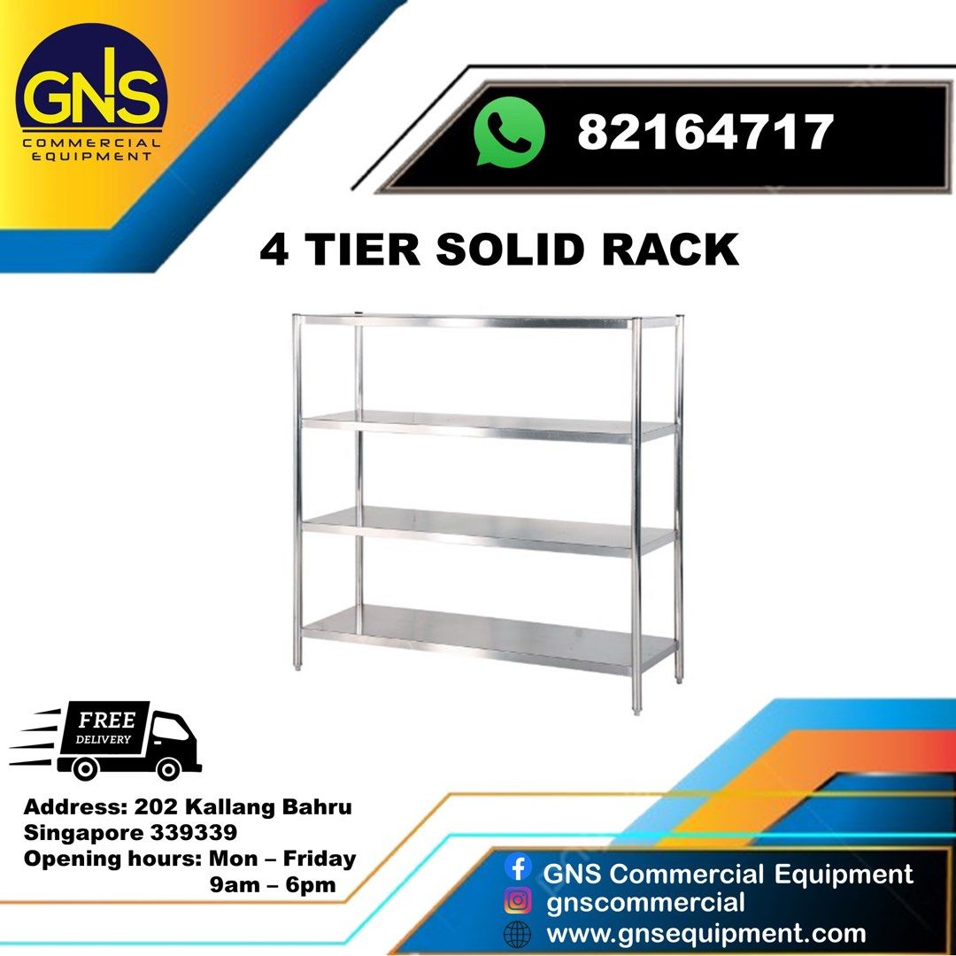 Solid Rack (Category: Other Kitchen Appliances) located in Singapore. Submitted by govindgns4717 (Listing ID 1355330210, Image 1). Description: Solid Rack Suitable for stall and restaurant Dim: 4-6 feet available Material: Stainless Steel 304 Thickness: 1.0mm Premium build quality Free delivery and installation Pm for more details Fb: GNS Commercial Equipment Insta: gnscommercial Whats App: 8216 4717 .