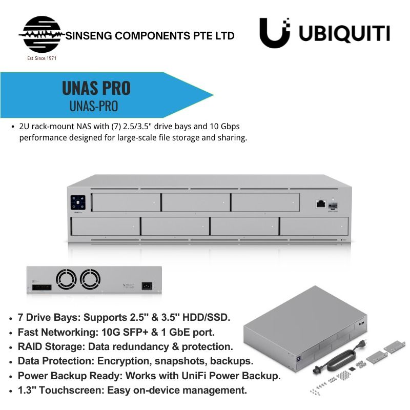 Ubiquiti Unifi UNAS Pro 2U rack-mount NAS with (7) 2.5/3.5" drive bays and 10Gbps performance designed for large-scale file storage and sharing •Model:UNAS-PRO632232913601311126