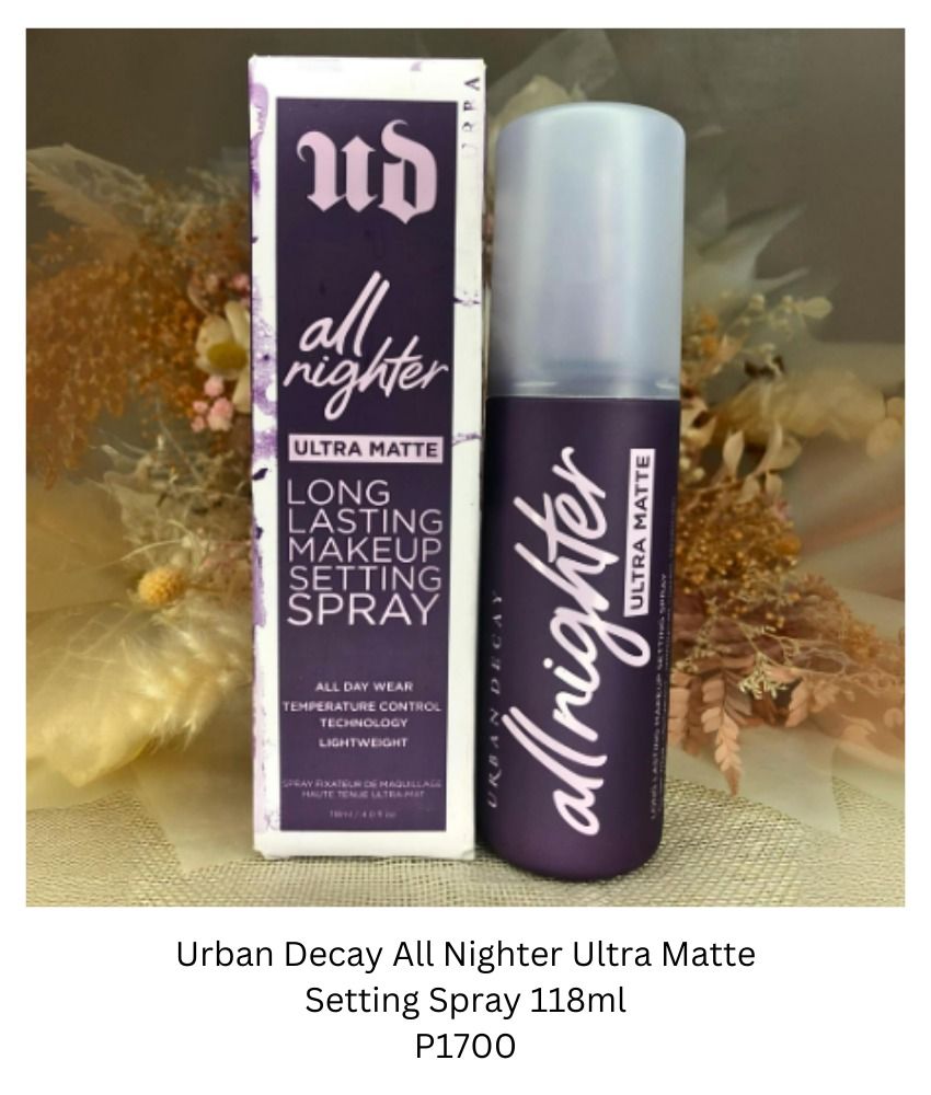Urban Decay All Nighter Ultra Matte Setting Spray (Category: Makeup) located in Davao. Submitted by shop_anya1 (Listing ID 1332448742, Image 1). Description: A lightweight matte setting spray that locks makeup in place while absorbing excess oil on the skin's surface and controlling shine for an ultra-matte finish that lasts up to 16 hours. Its microfine mist refreshes skin while mattifying and setting your look. Prevent makeup meltdowns! This ma