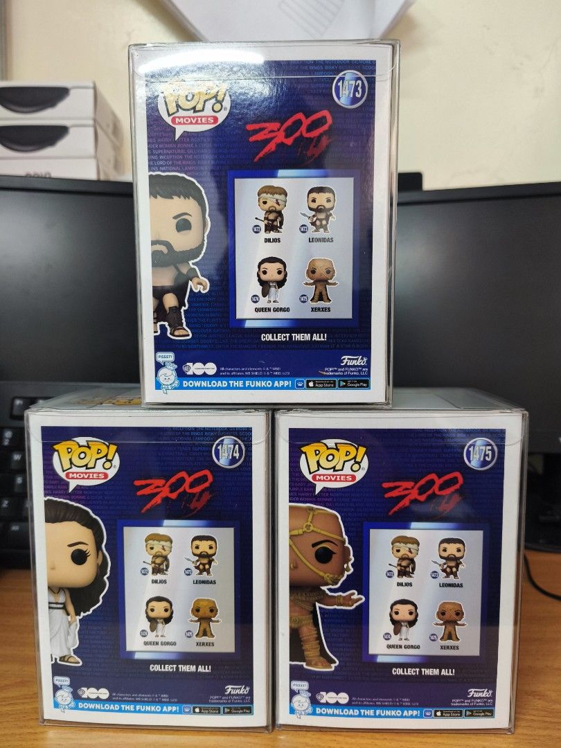 300 Movie Funko Pop (Category: Figurines & Statues) located in Malabon City. Submitted by nips1826 (Listing ID 1355474744, Image 3). Description: Set of 3 for 1000 add 100 for boss protector box condition 9-9.5/10 Malabon City Gcash/BDO shipping at buyers expense.