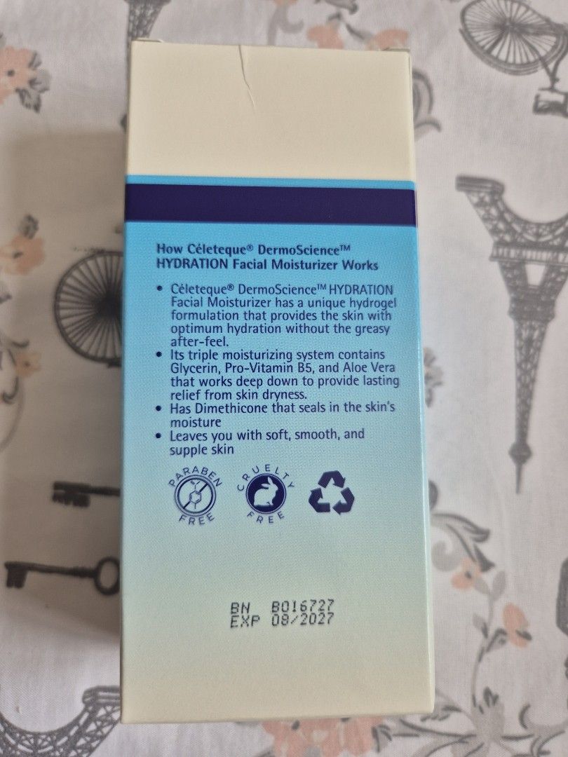 Celeteque Hydration Facial Moisturizer (Category: Face Care) located in San Juan City. Submitted by _allykim (Listing ID 1355483039, Image 2). Description: >RFS: decided on Korean skincare instead >brand new, unused, my daughter just opened the box to see item >bought last January in Mercury Drug >>A water-based and oil-free moisturizer with unique hydrogel formula that moisturizes the skin without the greasy after-feel. --With Triple Moisturizin